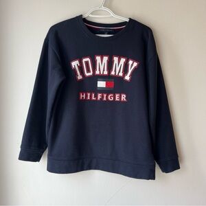Tommy Hilfiger Logo Sweatshirt Small Navy Blue Pullover Crewneck Cotton Blend